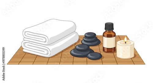 Relaxing spa setup with towels, stones, and oil on wooden mat indoors