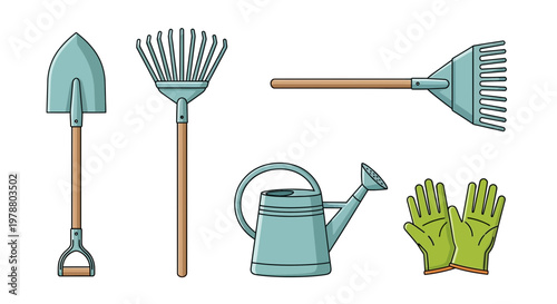 Gardening tools laid out on ground for planting flowers in garden