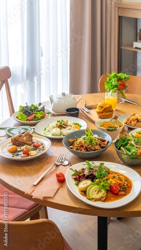 A wooden table laden with various dishes like salad, pasta, vegetables, and chicken. The dining area is bright and inviting
