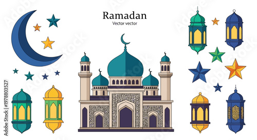 A colorful illustration of a mosque with lanterns and stars on a Ramadan night