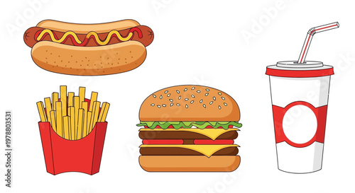 A colorful illustration of a hot dog, hamburger, fries, and soda on a table indoors.