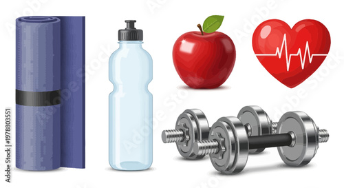 Fitness essentials laid out for a home workout session with healthy snacks