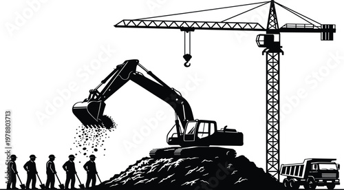 Black and White Construction Silhouette Featuring Large Excavator Moving Earth with Tower Crane Workers and Dump Truck for Industrial Building Development and Infrastructure