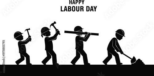 Happy Labor Day illustration showing the evolution of work from manual labor to construction.
