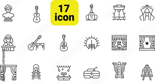 Minimalist theater and music line icons, 17 icon collection of performance arts symbols, thin stroke vector illustrations for entertainment and culture