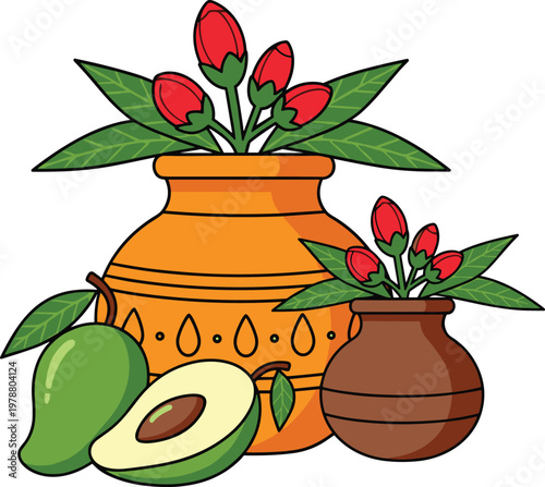 Decorative Indian pot with mangoes, avocado, and red flower buds, representing fertility and new beginnings.