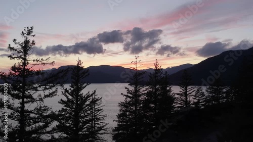 Majestic Sunset Over Howe Sound, British Columbia, Canada, with Silhouetted Mountains and Trees