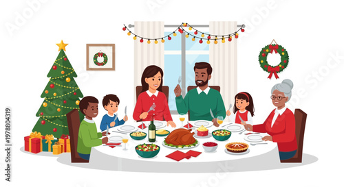 A family of diverse people celebrating with a festive meal at a table