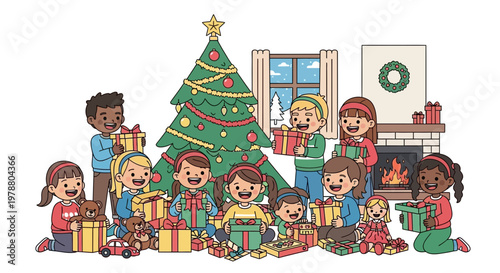 Excited kids gather around a festively decorated Christmas tree opening gifts indoors.