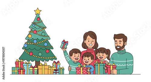 Family celebrates holiday with tree and gifts at home indoors