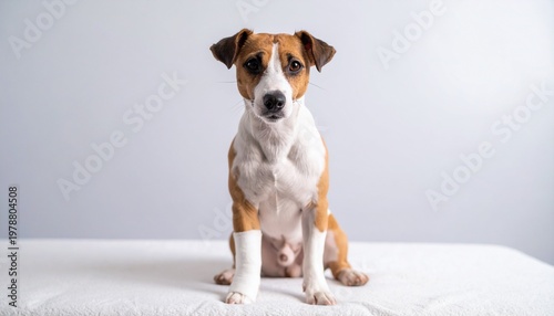 Small dog with a bandaged leg, suggesting injury or recovery, creating a warm and caring scene focused on pet health, veterinary care, healing, and animal wellbeing. Pet recovery, veterinary services.