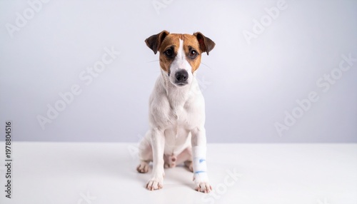 Small dog with a bandaged leg, suggesting injury or recovery, creating a warm and caring scene focused on pet health, veterinary care, healing, and animal wellbeing. Pet recovery, veterinary services.