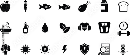 Healthy lifestyle and nutrition black silhouette icon collection featuring food and fitness elements, lifestyle