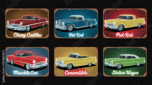 Vintage cars and trucks with colorful backgrounds and labels
