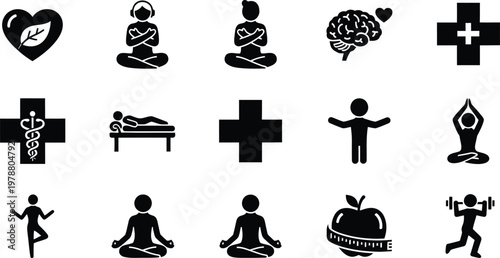 Wellness and medical healthcare black silhouette icons for mindfulness and yoga practice with wellness, healthcare