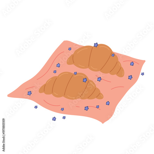 Two croissants in blue flowers on paper napkin in flat cartoon design. Summer picnic bakery food for outdoor lunch, classic french pastry sweet morning breakfast. Vector illustration isolated.