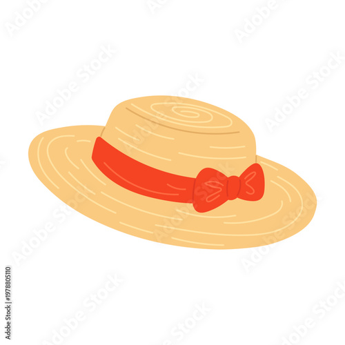 Summer straw woman hat with red ribbon and bow in flat cartoon design. Classic elegant female sunhat, vintage headwear apparel for face shade, seasonal classic accessory. Vector illustration isolated.