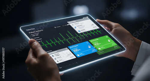 A person holding a tablet with a glowing screen displaying analytics and data