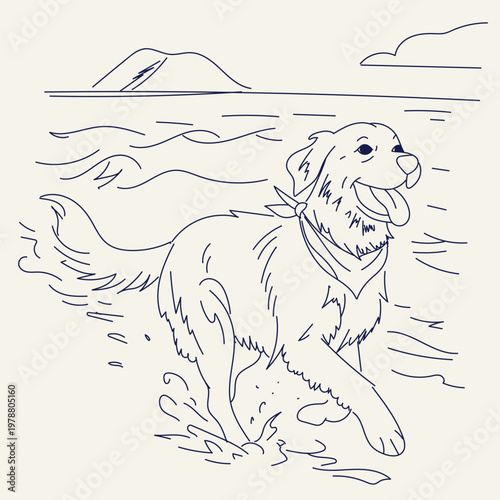 Labrador dog running along the seashore, joyful summer scene with sand, sea waves and sunny beach landscape, playful pet enjoying ocean walk vector illustration