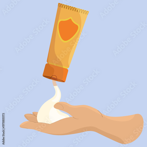 Flat vector illustration of a yellow sunscreen tube with a shield icon dispensing white lotion onto an open hand. Ideal for skincare, sun protection, and dermatology themes.