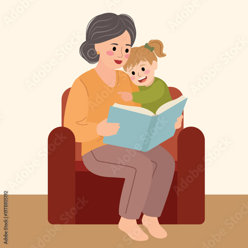 Grandmother reading a book with her granddaughter on the sofa, cozy family moment, nanny and child spending time together, children’s illustration