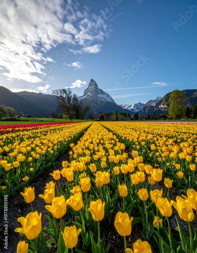 Vast field of vibrant yellow tulips stretches towards a majestic, snow-capped mountain under a clear blue sky