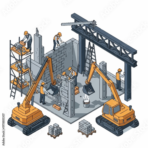 Construction workers building a structure with excavators and cranes.