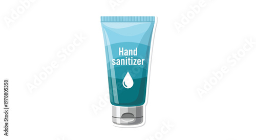 A digital illustration depicts a tube of hand sanitizer labeled with hand sanitizer and a droplet