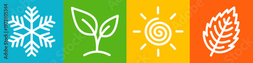 Four seasons outline icons with delicate colors snowflake, soft green sprout, warm sun and orange leaf. Simple vector design for weather and nature.
