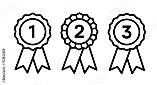 Winning medals with numbered ribbons for achievement or competition