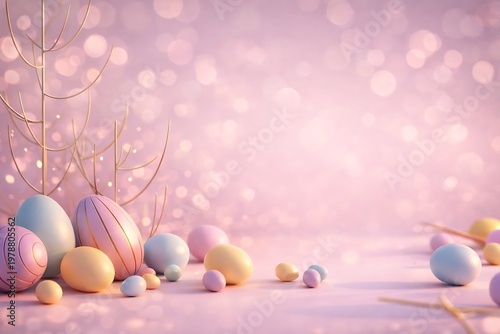 Easter eggs in pastel colors on a pink background with bokeh lights