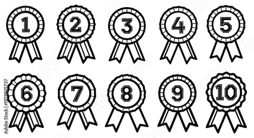 Numbered award ribbons for achievement or competition