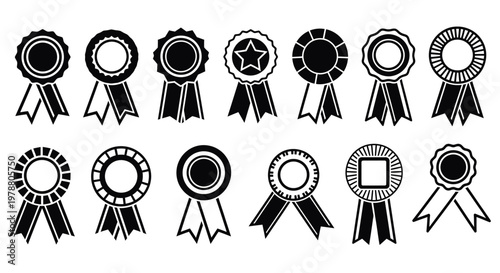 Collection of award ribbons and medals in black and white