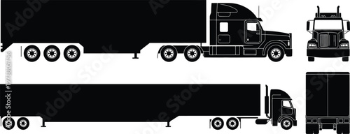 Black semi trucks and trailers in various views and angles white