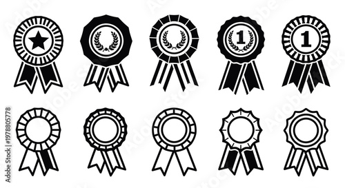 Collection of award medals and ribbons with first place and achievement symbols