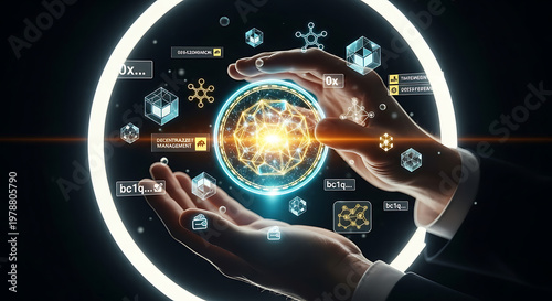 A person in a suit holds a glowing orb with digital icons