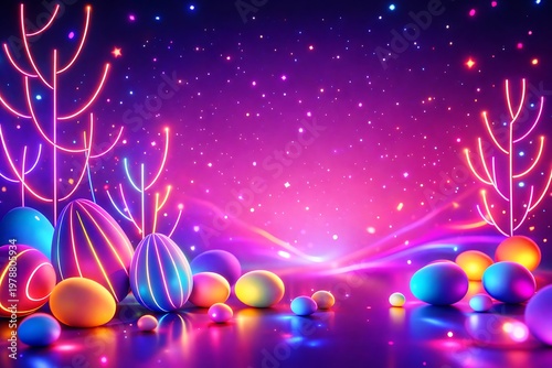 Vibrant neon-lit Easter eggs and glowing plants in a magical night scene