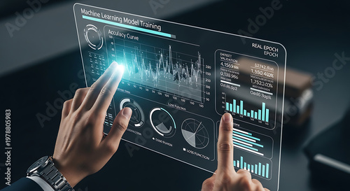 A person interacting with a futuristic digital interface displaying data analytics