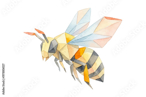 Artistic watercolor wasp in a modern geometric origami style. Vibrant yellow and orange insect design perfect for nature branding, minimalist decor, eco-friendly prints, and creative posters.