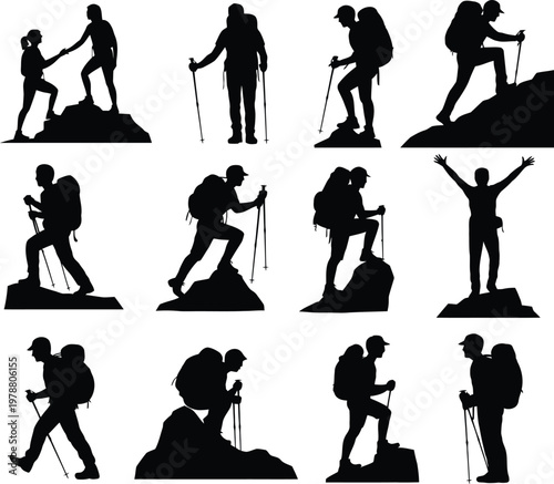 Black silhouettes of hikers climbing rocks and mountains with trekking poles