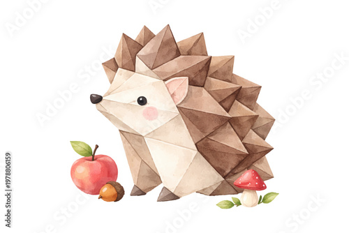Cute watercolor illustration of a geometric origami hedgehog with apple, acorn and mushroom. Soft earthy tones and clean white background perfect for nursery decor, autumn designs, prints, and brandin