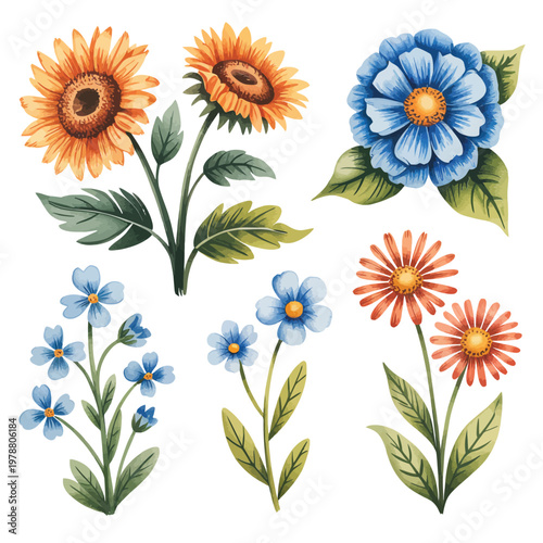 Colorful wildflower collection set with sunflowers and daisies, botanical floral illustrations for stickers, planners, textile prints, and garden themed decorations.