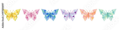 Vibrant watercolor set of geometric origami butterflies in multiple pastel colors. Clean white background and elegant shapes perfect for prints, packaging, branding, and nature-inspired designs.