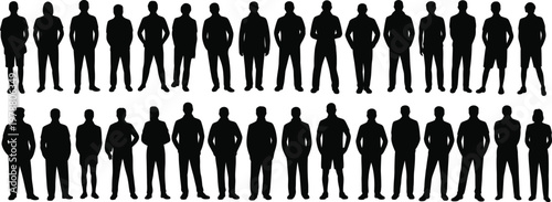 Black silhouettes of men in various poses  standing