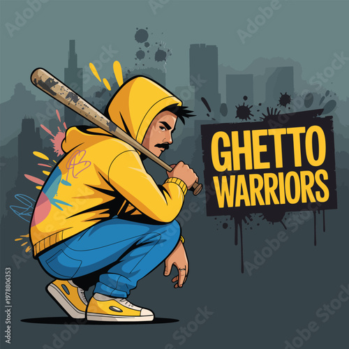 Urban street style character in yellow hoodie holding a baseball bat, "Ghetto Warriors" graffiti illustration for streetwear branding, gaming avatar, and hip hop culture design.