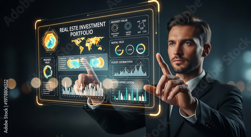 A businessman analyzing a digital real estate investment portfolio on a futuristic screen