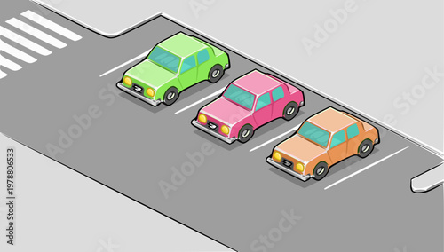 Three colorful cars parked neatly in designated slots on an urban city street
