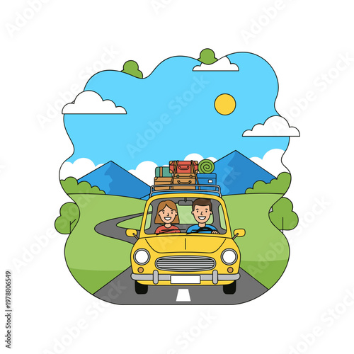 Happy couple driving their yellow car on a summer road trip adventure