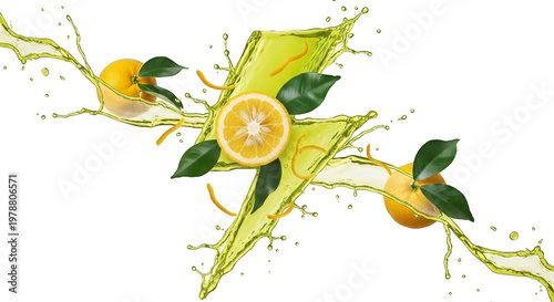 Dynamic citrus juice splash in lightning bolt shape, fresh orange and lemon fruit with green leaves, energy drink concept with liquid explosion isolated on Transparent Background
