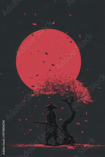 Silhouette Samurai with Red Full Moon and Blossoming Tree